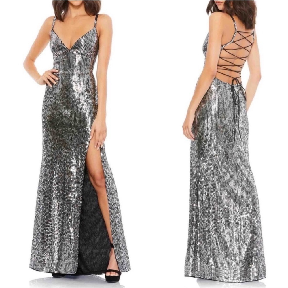Mac Duggal Maxi Dress Silver Sequin Gown Formal Prom Sz 2